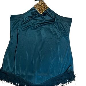 Studio Y Teal Satin Halter Top with Gold Trim